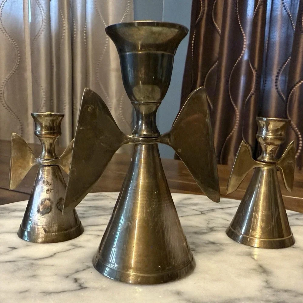 3 VTG Brass Angel Candlesticks Holder Candle Snuffer 4